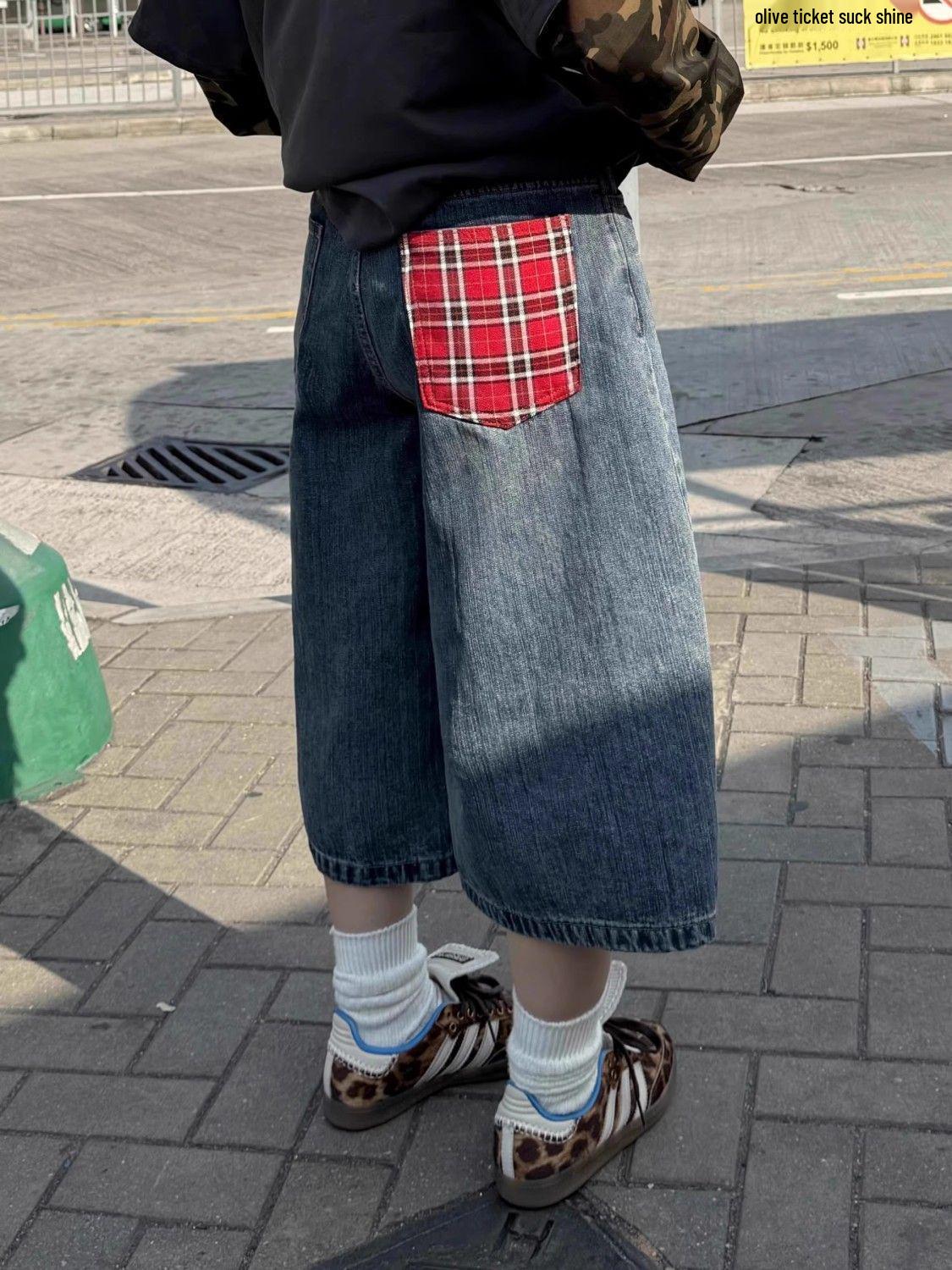 

Ретро джинсовые шорты большого размера в клетку пэчворк с высокой талией 3XL синий