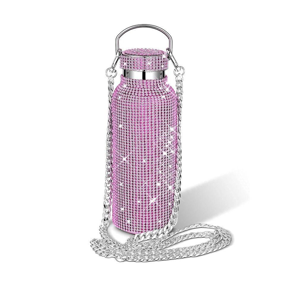 Thermal Rhinestone Water Bottle Stainless Steel Refillable Glitter Tumbler Removable Carrying Strap Chain Vacuum Flask Women