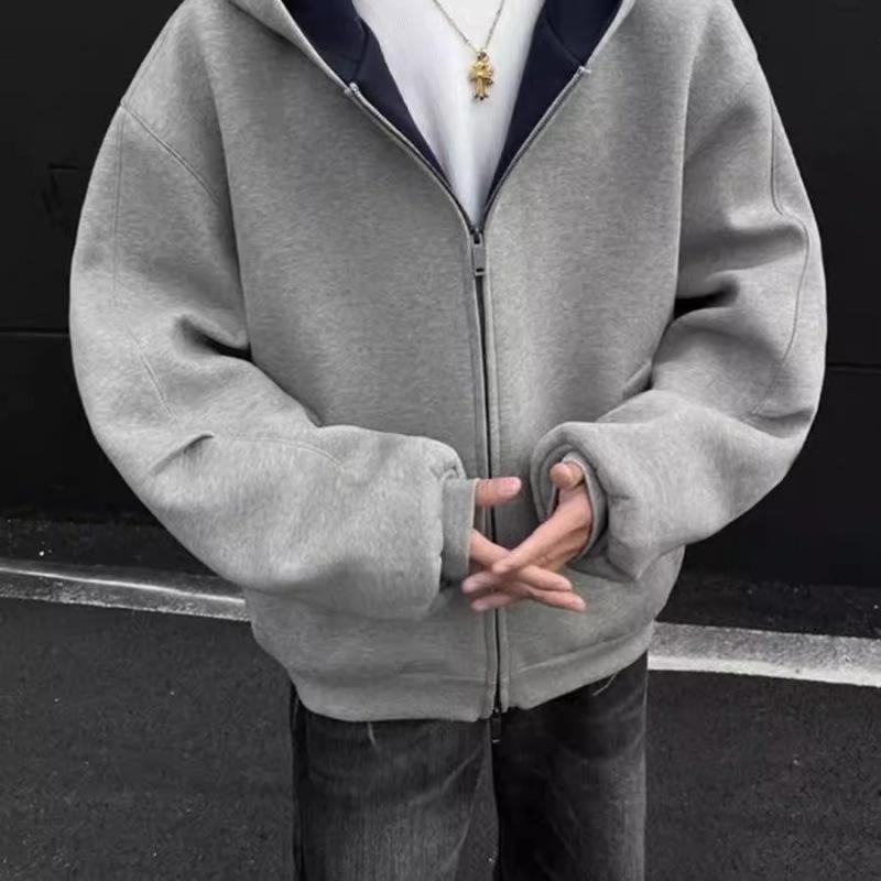 Men's Plus Size Heavyweight Double Zipper Hoodie, Autumn/Winter Cardigan Outerwear