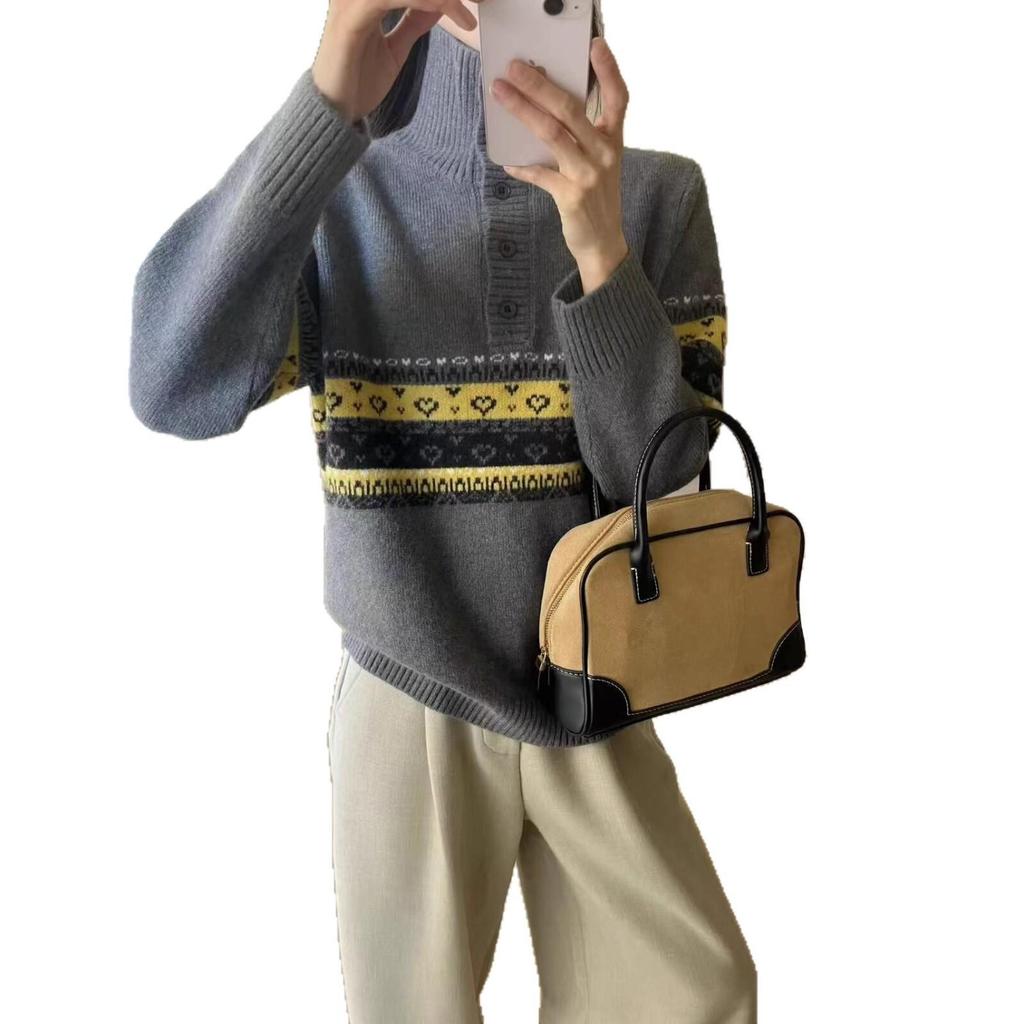 Retro Japanese Jacquard High-Neck Sweater - Women's Versatile Winter Outerwear