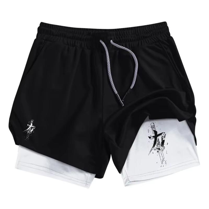 Men's 2-in-1 Running Training Sword Pattern Breathable Quick Drying Sports Shorts with Mobile Pocket Gym Shorts 10106