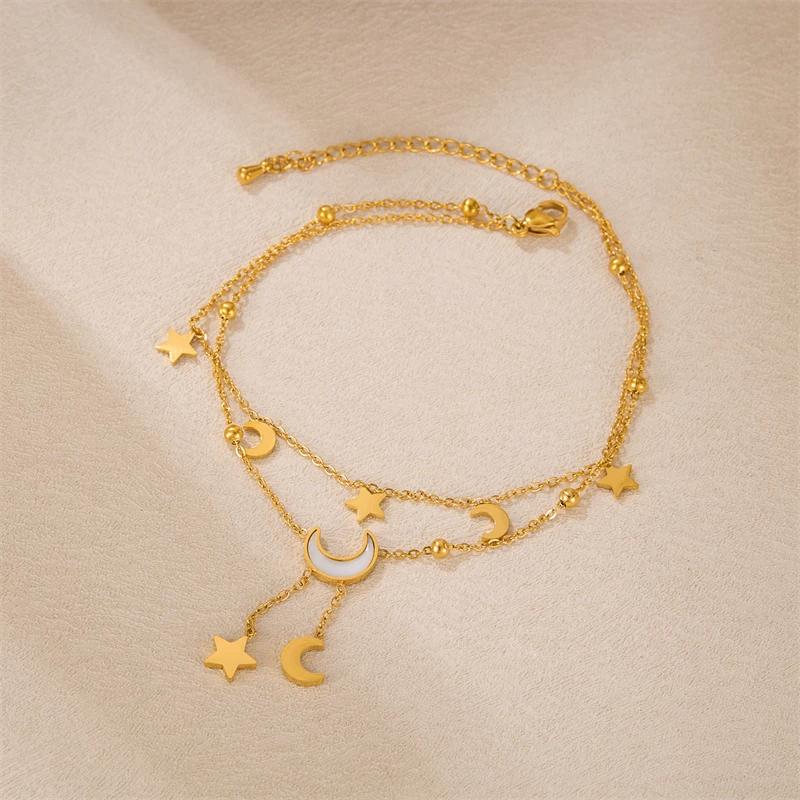 Stainless Steel 2025 New Fashion Jewelry Summer Beach Style Seashells Stars Moon Charm Beading Anklets Chain For Women