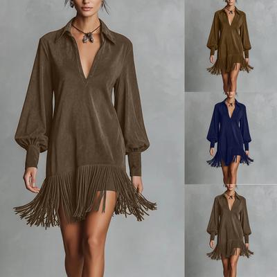 Women's Long Sleeved Casual Retro Loose V-Neck Suede Tassel Dress