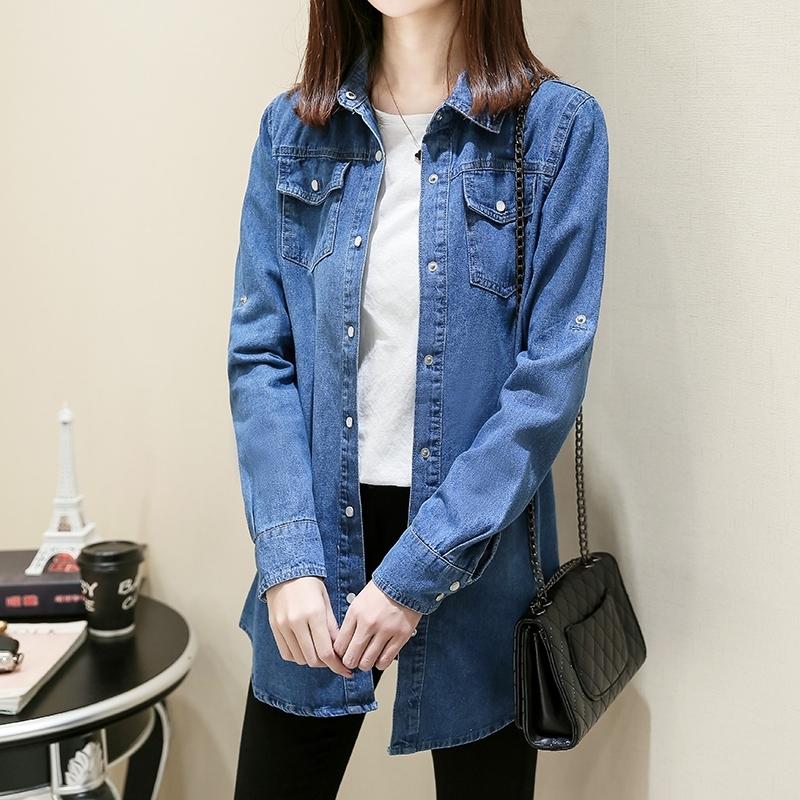 Loose Women'S Denim Shirt Long Sleeve Mid-Length Spring Autumn Fashion Thin Outerwear Versatile Top Button-Up Casual Shirt