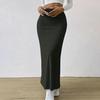 Maxi Skirt with Side Slits High-Waisted Ribbed Long Skirt Solid Color Hip Wrapped Autumn Winter Long Skirt