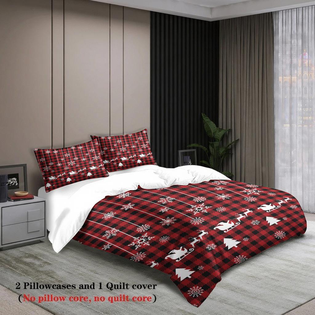 3-teiliges Bettbezug-Set mit Weihnachtsmotiv - Weicher, atmungsaktiver und hypoallergener Stoff - Kariertes Elch-Schneeflocken-Druckdesign, P