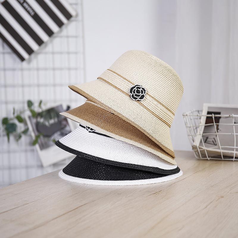 Xiaoxiangfeng Hat Straw Pot Hat Summer New Camellia Retro Bucket Hat Sunshade Sunscreen Beach Sun Hat