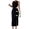 Women's Black Maxi Dresses 2025 Spring Summer Fashionable Sexy Bow Round Neck Side Slit Slimming Sleeveless Tight Party Dress