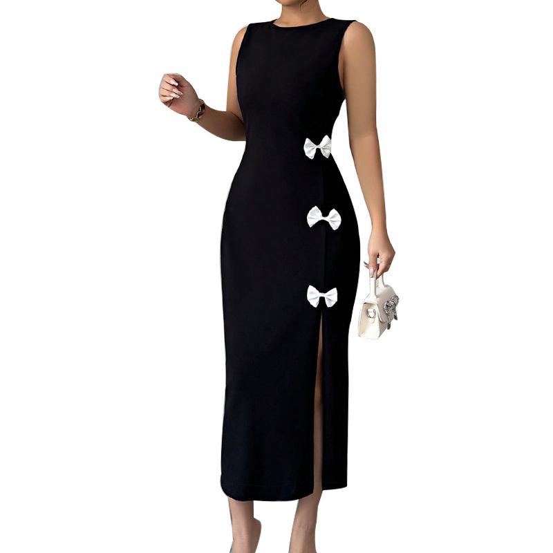 Women's Black Maxi Dresses 2025 Spring Summer Fashionable Sexy Bow Round Neck Side Slit Slimming Sleeveless Tight Party Dress
