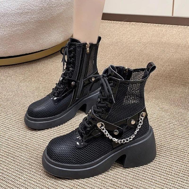 Women'S Fashion Cool Boots Fashion Round Head Mesh Breathable Front Lace-Up Metal Chain Waterproof Platform Heels