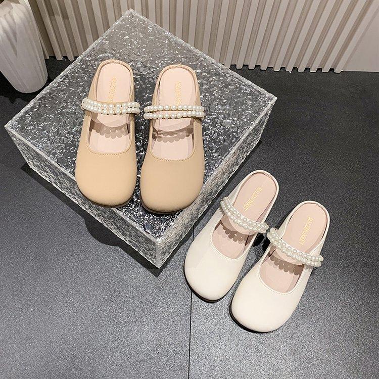Baotou half slippers women's summer wear 2025 new flat Mary Jane single shoes pearl one pedal Muller sandals