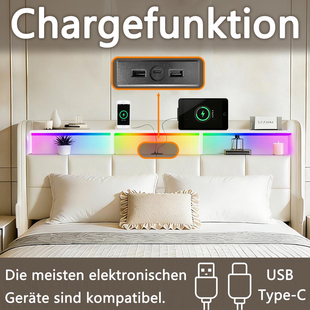 Bed Features a Full Storage System with Bottom Drawers, Headboard Shelves, and USB/Type-C Charging Stations, White