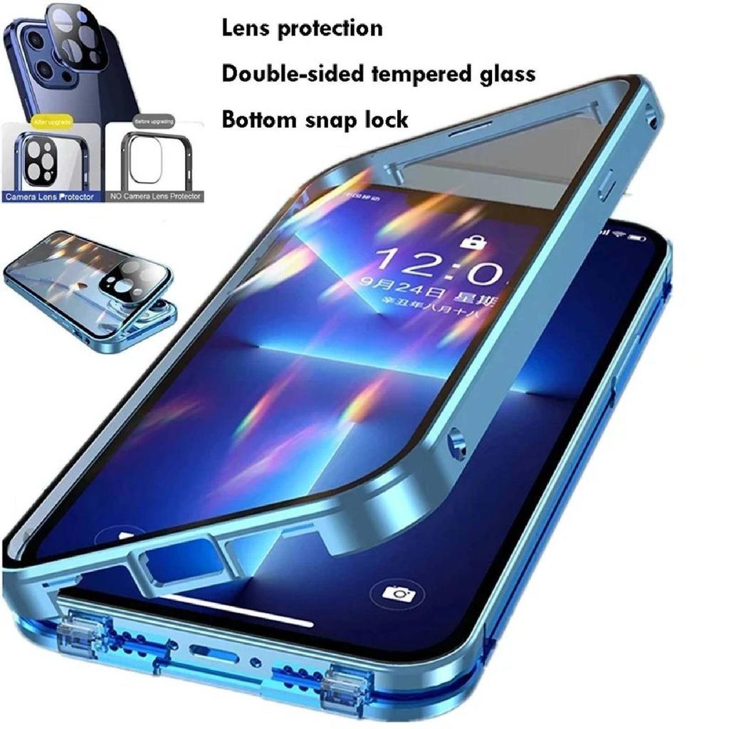 Magnetic Case for iPhone 16 Pro Max/ 16 Plus with Metal Frame Phone Bumpers Double Sided Tempered-Glass Full Lens Protection Cover