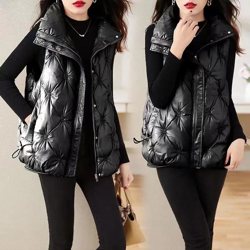 Gilet court rembourré pour femmes automne hiver grande taille col montant vêtement d'extérieur épaules amples loisirs col rond sans manches cardigan vêtement d'extérieur