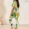 Women Plus Size Abstract Geometric Printed Round Neck Short Sleeve Top Fitted Long Pants Two Piece Loungewear Set