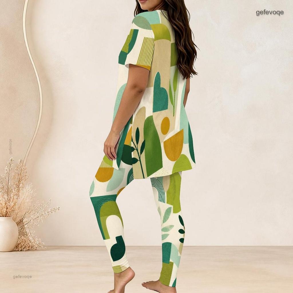Women Plus Size Abstract Geometric Printed Round Neck Short Sleeve Top Fitted Long Pants Two Piece Loungewear Set