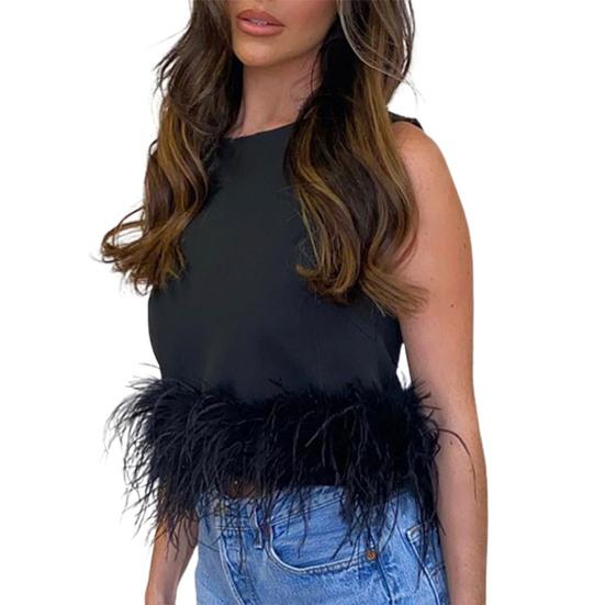 Майка без рукавов с круглым вырезом, приталенная подол с перьями, летняя женская майка для повседневной носки M чёрный