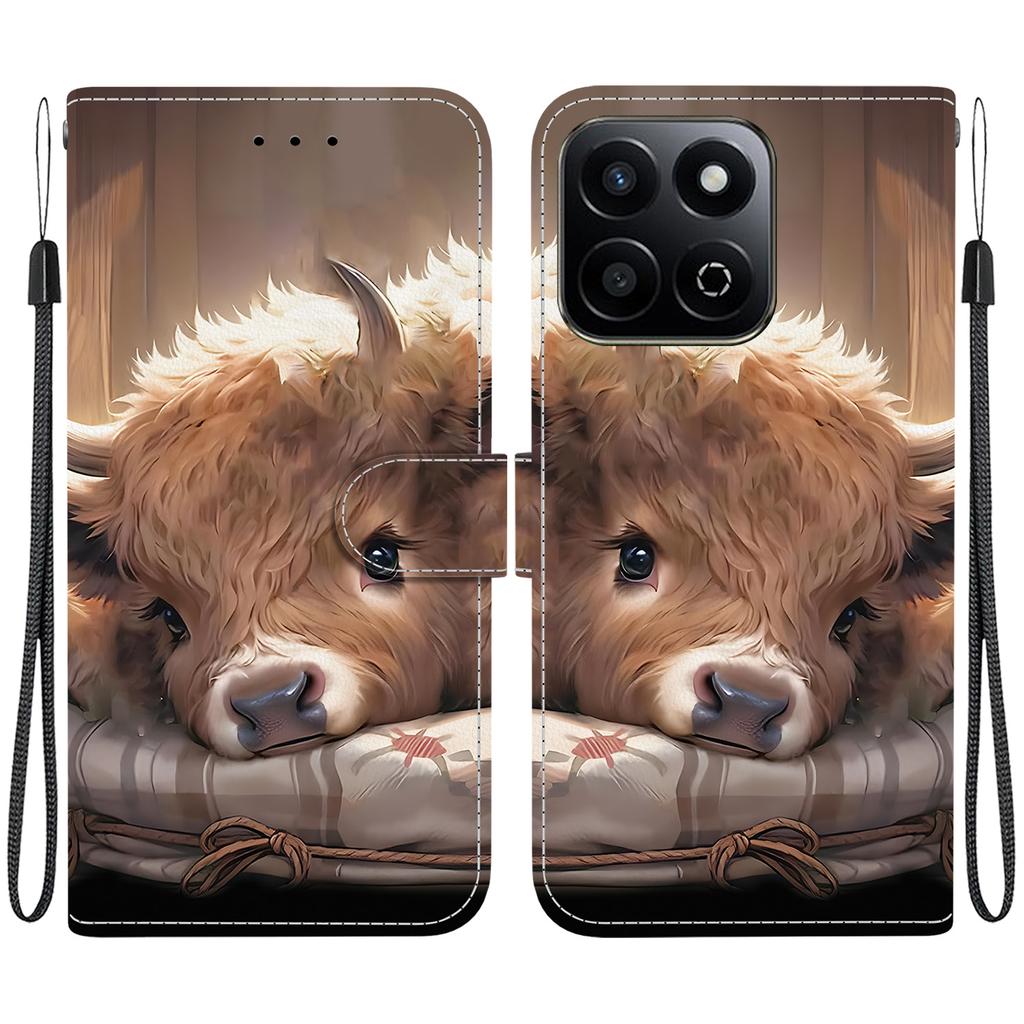 Handmade PU Leather Flip Case for Honor X7c Anti-Slip Shockproof Cover with Wrist Strap & Heart/Rose Cat Designs