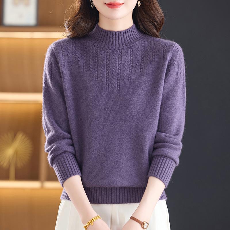 New Pure Wool Sweater for Middle-Aged & Elderly Women - Stylish, Warm, Half-High Collar, Thickened for Autumn/Winter