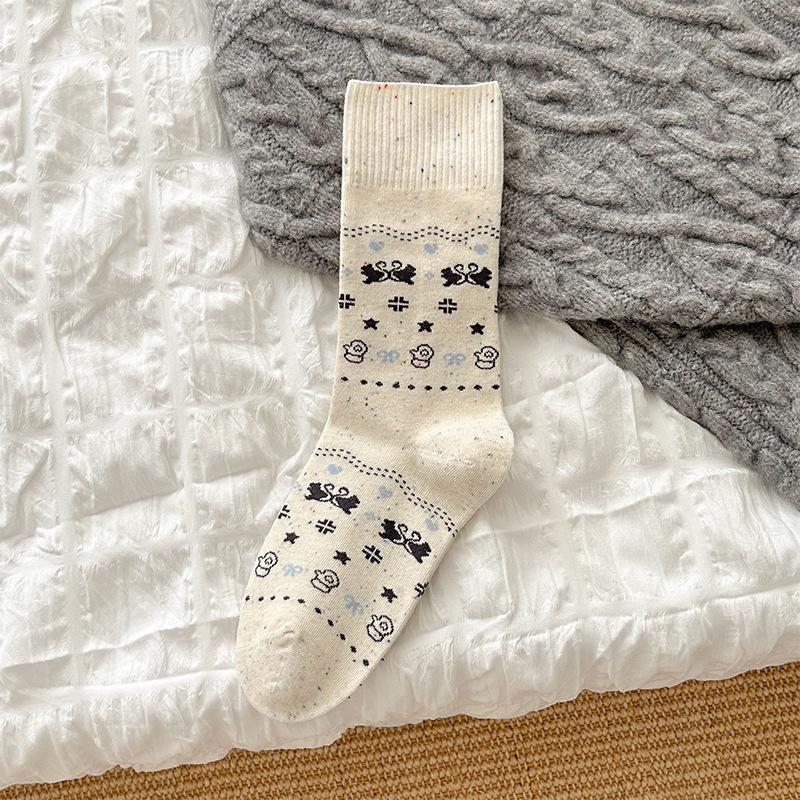 Children's Sock Mid-length Socks for Autumn and Winter, Boneless Pure Cotton Socks with Cartoon Embroidery, Gray Pile-up Socks