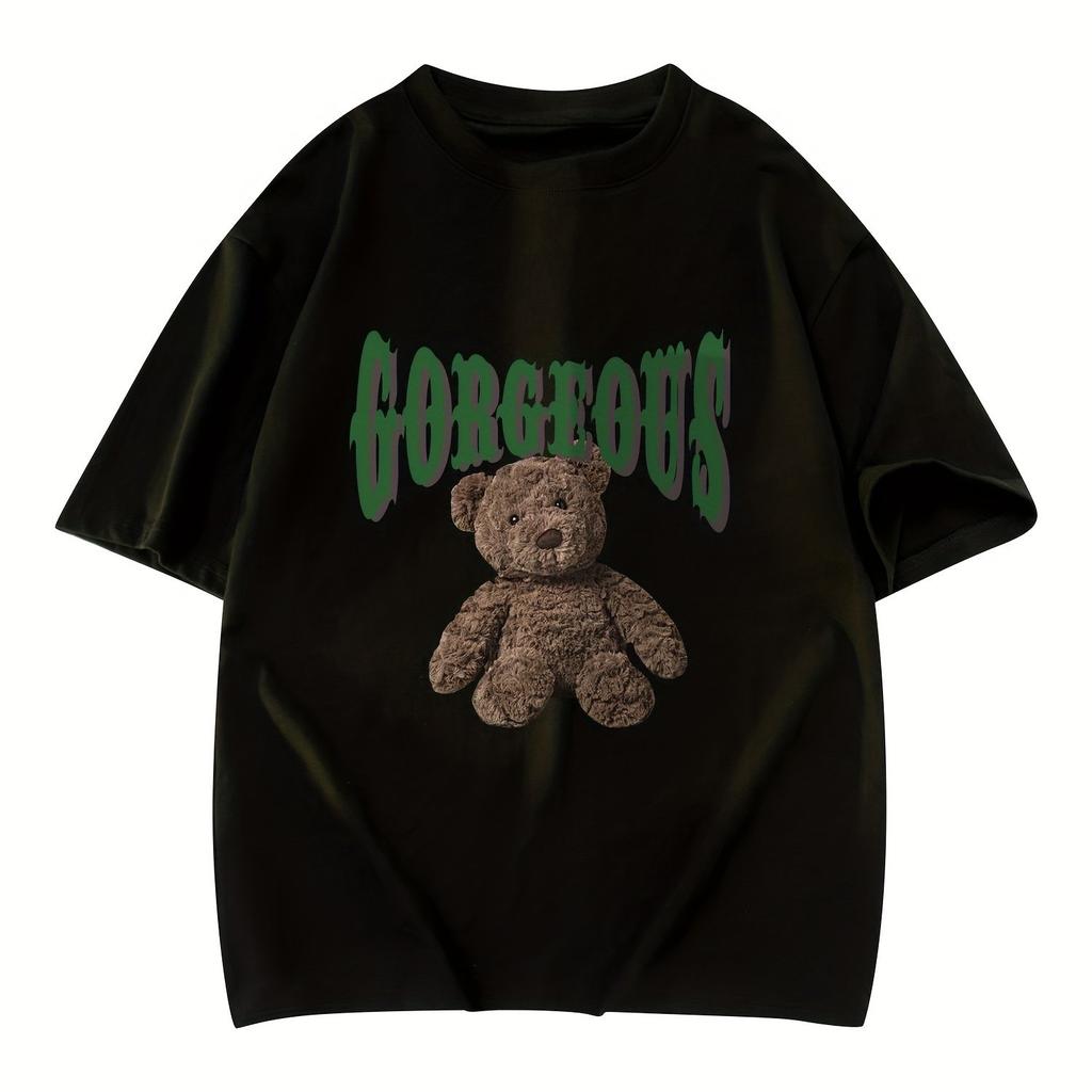 Men's Loose 100% Cotton Bear Graphic Print T-shirt Casual Short Sleeve Crew Neck Tee Men's Clothing for Outdoor