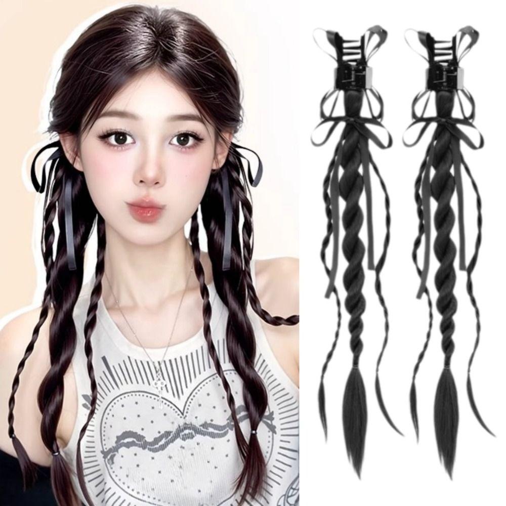 1Pair Ribbon Claw Clip Double Ponytail Twisted Braid Long Braiding Hair Extensions Party