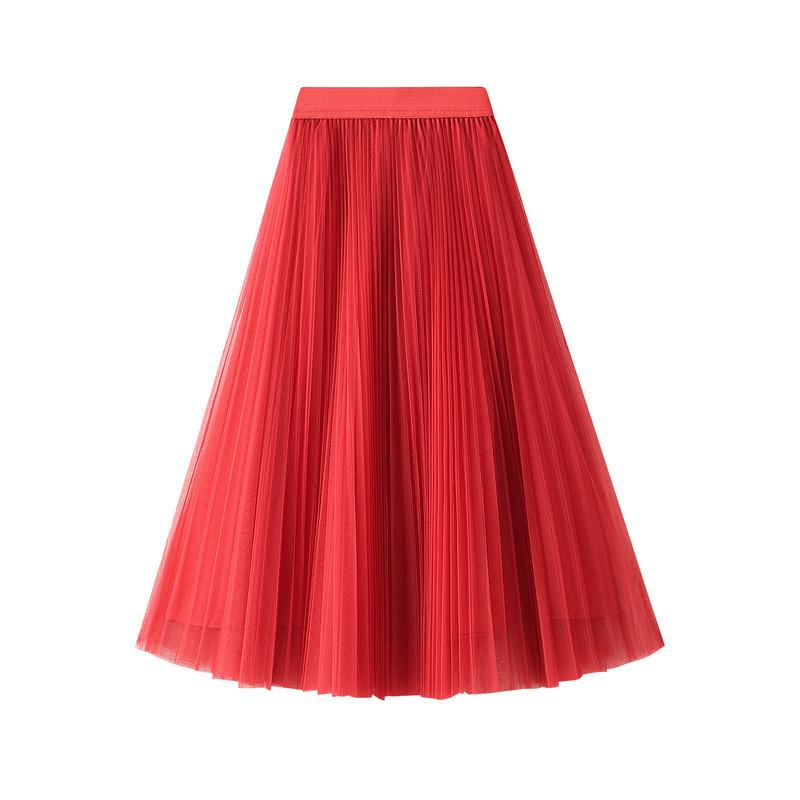 Qooth Elegant Women A Line Tulle Pleated Skirt Wide Hem Mid Length Elastic Waist Casual Skirt QT2691