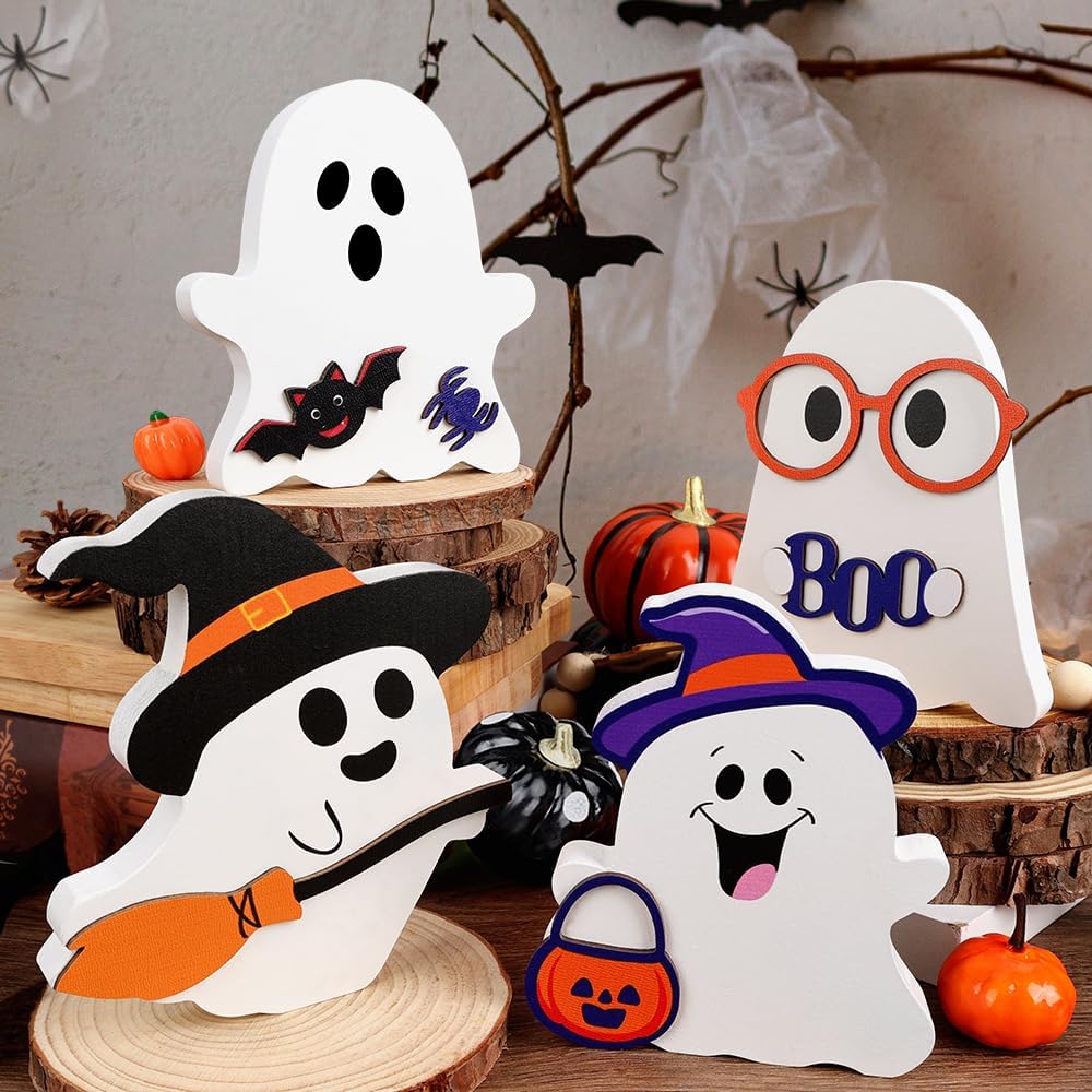 AKEROCK Cute Halloween Decorations Indoor - Halloween Decor/Ghost Decor, 4 PCS Wooden Ghost Halloween Signs for Table, Office Desk, Tiered Tray,
