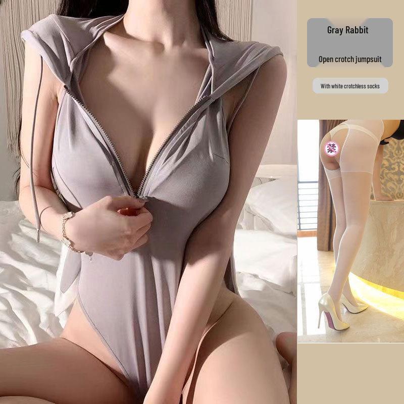 Mu Xiaochu Zipper Open Cup Bodycon Push-Up Bunny Bodysuit Lingerie