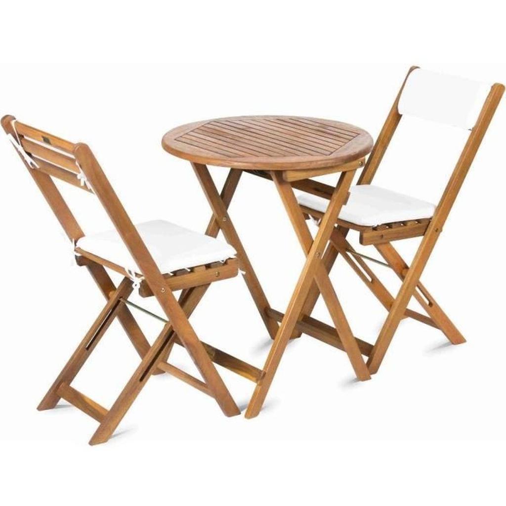 Set de balcon Fieldmann FDZN 4003-T - Table et 2 chaises pliantes - Bois d'acacia - Coussins inclus