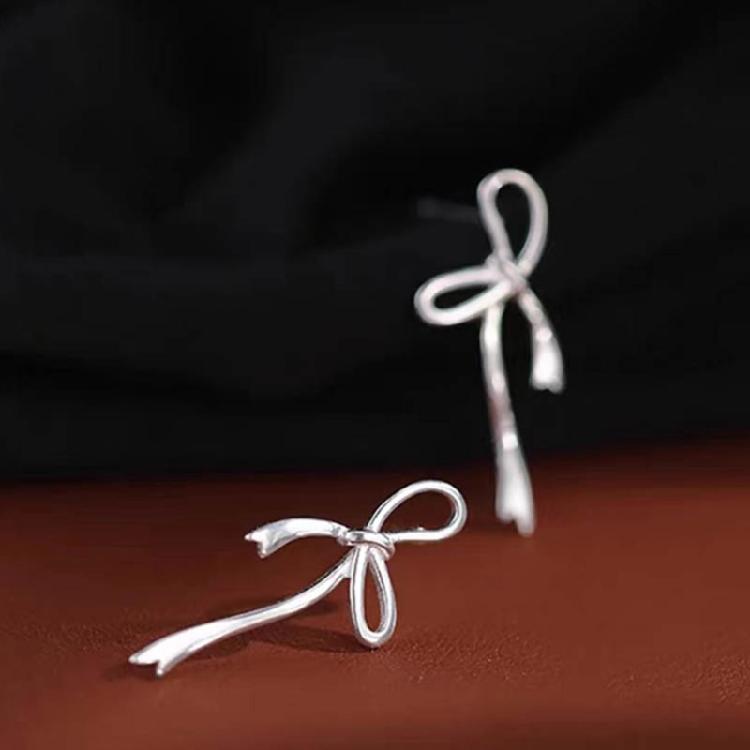 Silver Color Bowknot Drop Earrings for Women Girls Korean Hollow Bow Ear Studs