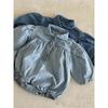 Ins Korean Style Baby Spring Clothing New Model, Stylish and Cute Denim Romper with Turn-Down Collar and Puff Sleeves for Baby Girls