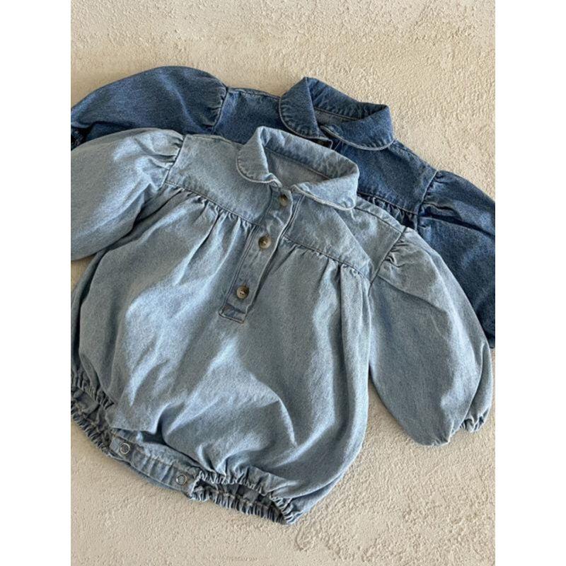 Ins Korean Style Baby Spring Clothing New Model, Stylish and Cute Denim Romper with Turn-Down Collar and Puff Sleeves for Baby Girls