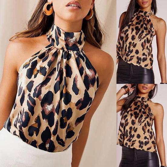 Сексуальный женский леопардовый принт с открытыми плечами, без рукавов, с открытой спиной, жилет с лямкой на шее, майка M леопардовый