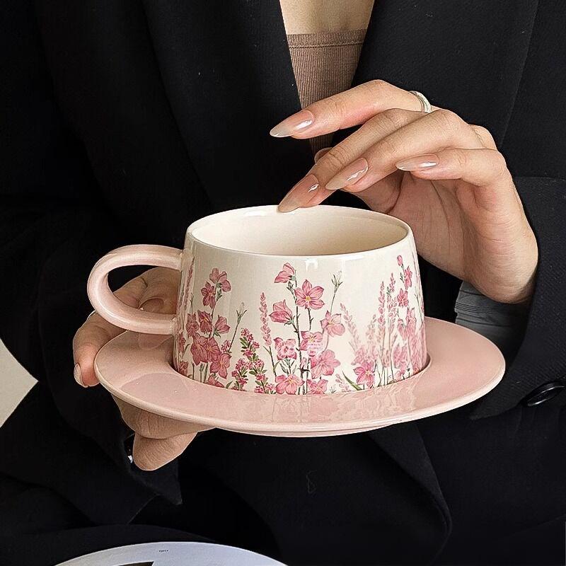 French Retro Pink Ceramic Coffee Cup and Saucer Set, Afternoon Tea Flower Tea Cup, Exquisite High-end Ceramic Cup" }undefined