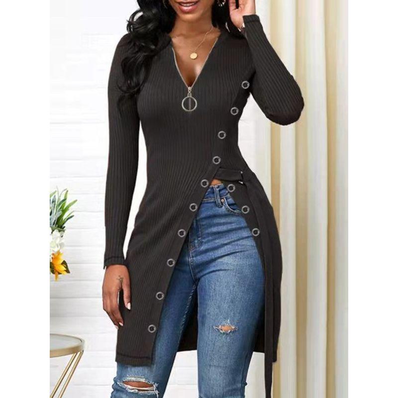 

Однотонная футболка с высоким разрезом, V-образным вырезом и длинными рукавами, футболка с V-образным вырезом и длинными рукавами Black S