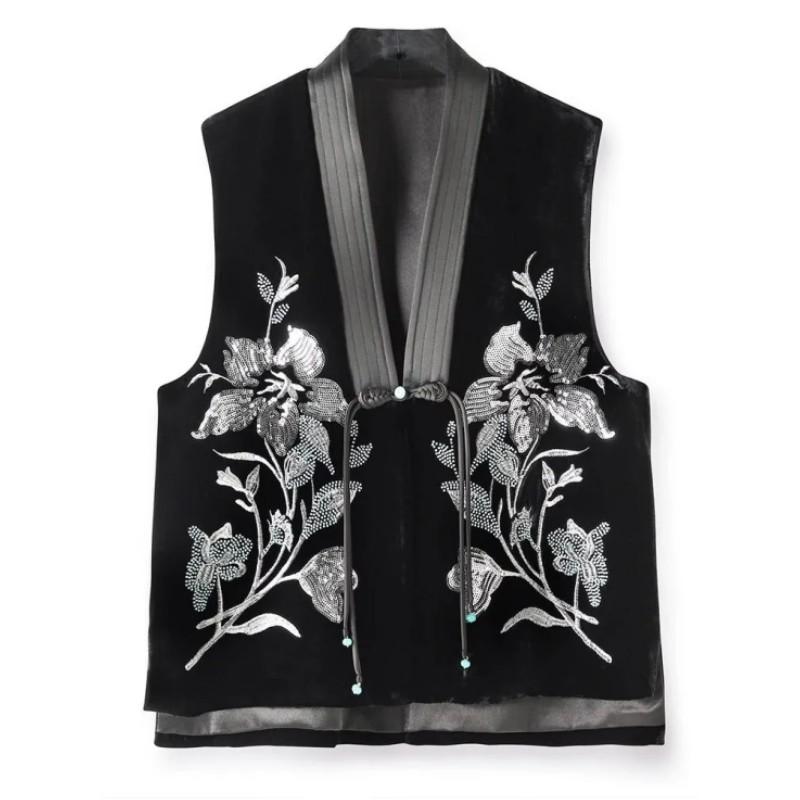 

Женский осенне-зимний жилет с вышивкой в китайском стиле с V-образным вырезом, свободный темпераментный топ для поездок на работу XS чёрный