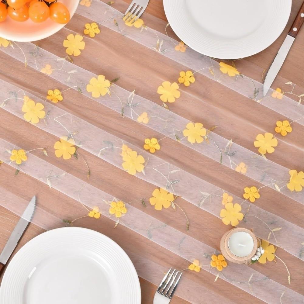 Semi-Transparent Tulle Table Runner 3D Embroidery Gauze Table Flag Kitchen Dining