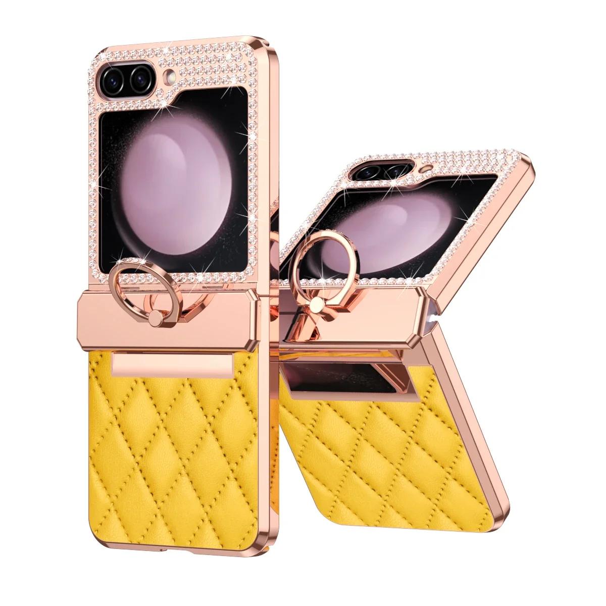 

Diamonds Leather Plating Ring Holder Case for Samsung Galaxy Z Flip 6 5 3 4 5G Shockproof Hinge Protection Cover for Z Flip5 For Galaxy Z Flip6 жовтий