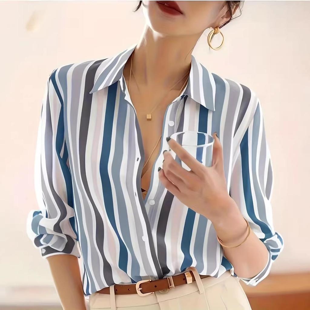 Women's Vertical Stripe Long Sleeve Blouse Vintage Lapel Collar Loose Fit Non Iron Chiffon Shirt For Spring Autumn Daily Wear