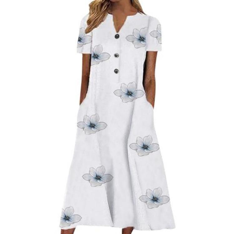 Long T Shirt Dress for Women Summer Casual Button Up V Neck Short Sleeve Printed Maxi Swing Beach Sundress
