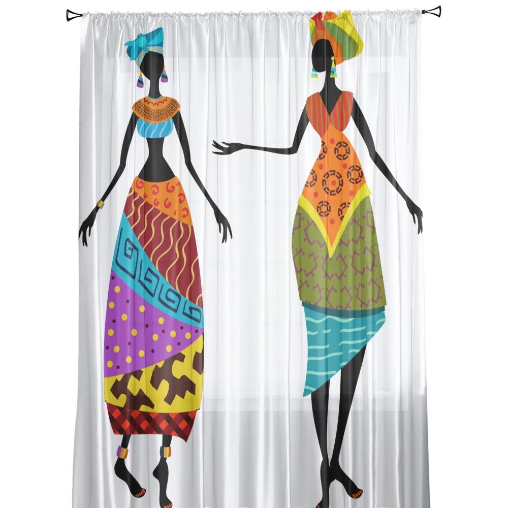 African Women Ethnic White Sheer Drapes for Living Room Decoration Window Curtains for Kitchen Curtains