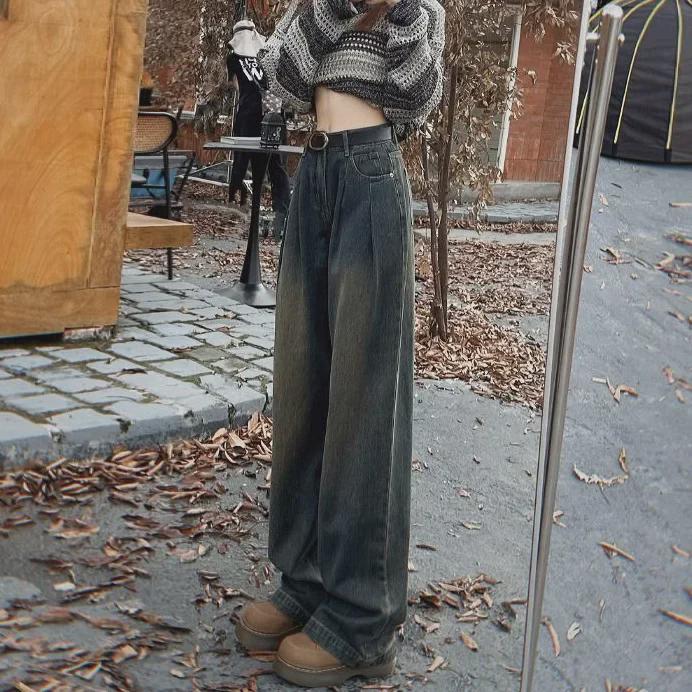 Dames jeans met hoge taille en wijde pijpen: Hong Kong Stijl, Losvallende Pasvorm, Lente/Zomer, Alles-Combinerend, Vloerlengte.