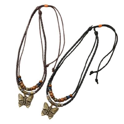 Bohemian Butterfly Pendant Choker Multilayer Pull String Handwoven Necklace Adjustable Length Clavicle Chain Jewelry