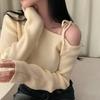 Slanted Collar Tied Irregular Pullover Women's Long Sleeved Knitted Tops Autumn Winter Korean Fashion Red Retro Sweaters