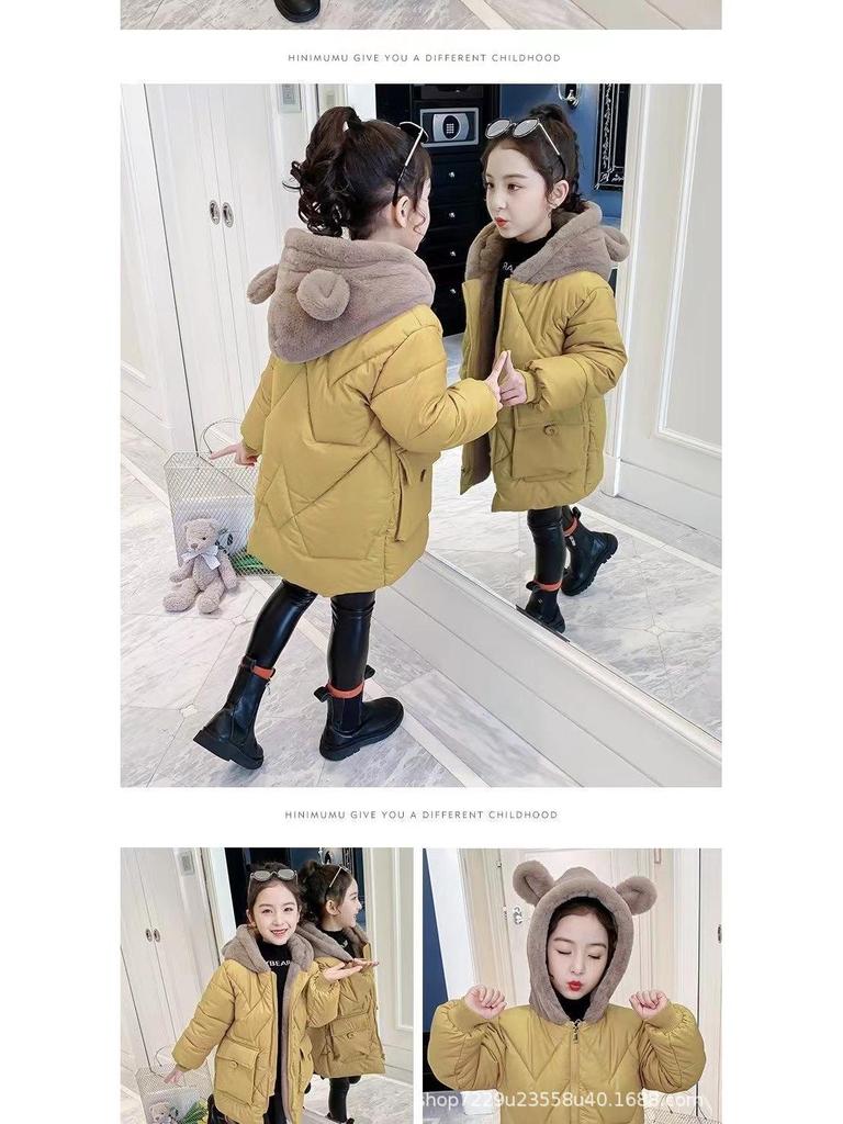 2025 Girls' Mid-Length Velvet-Lined Winter Jacket - Stylish Down-Cotton Coat