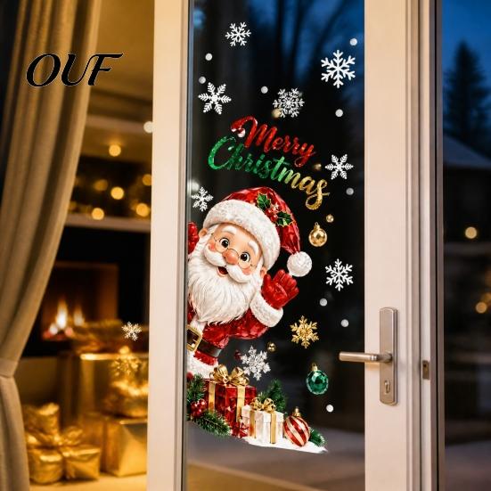 Festive Home Window Decor Christmas Static Clings, Santa Snowman PVC Stickers, Waterproof Glass Stickers Decals for Shop Holiday Decorations Snowflake