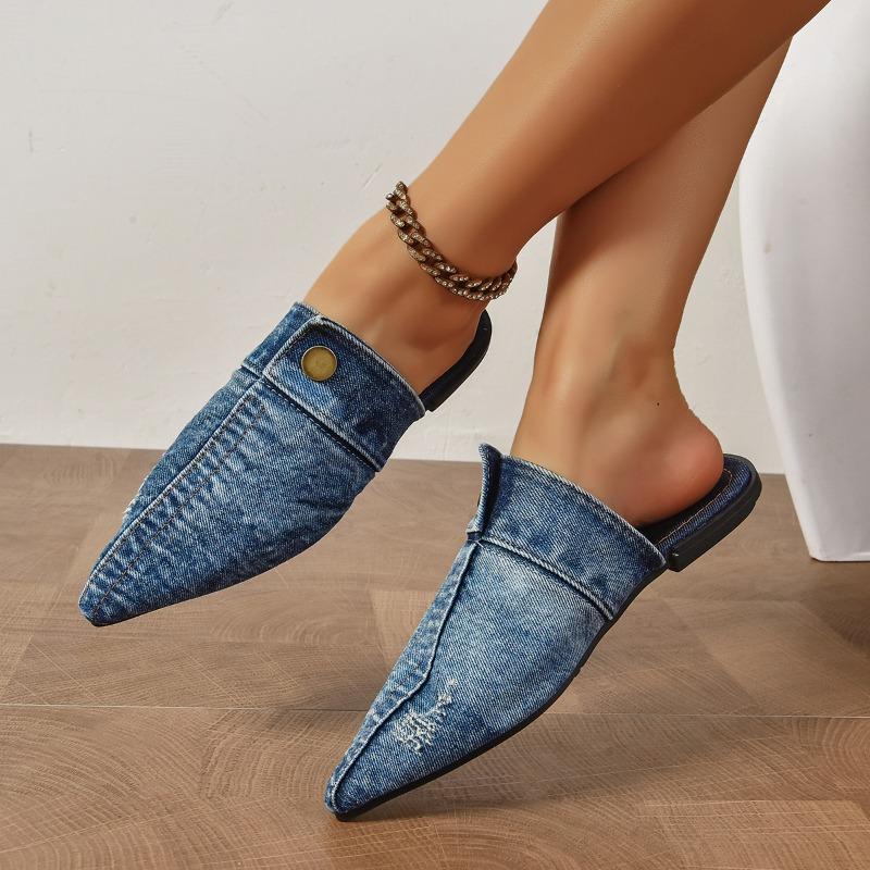 Women’s Pointed-Toe Denim Closed-Toe Slip-On Sandals, Summer Casual Wear, Wide Size