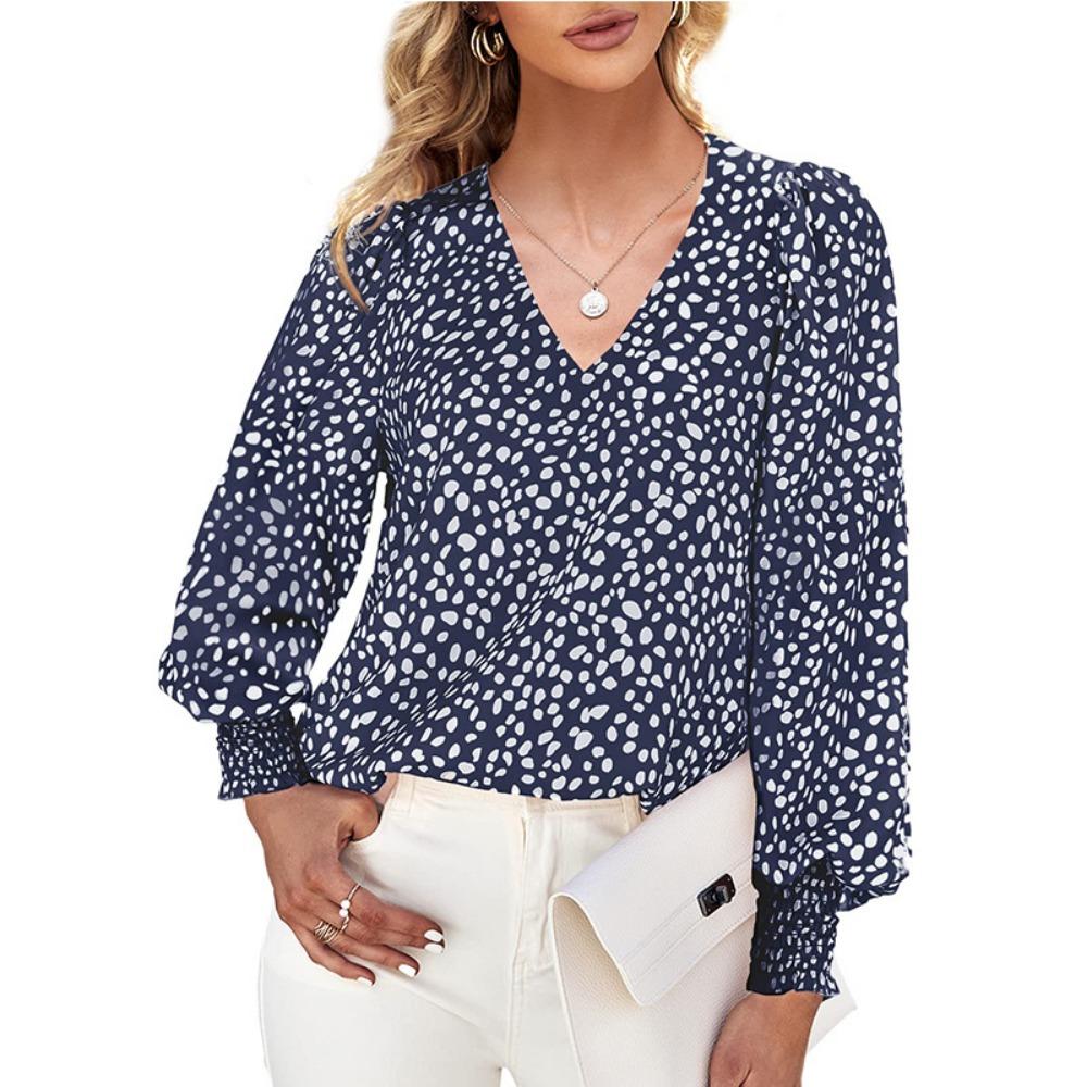 Loose Printed Long Sleeve V-neck Chiffon Shirt for Women