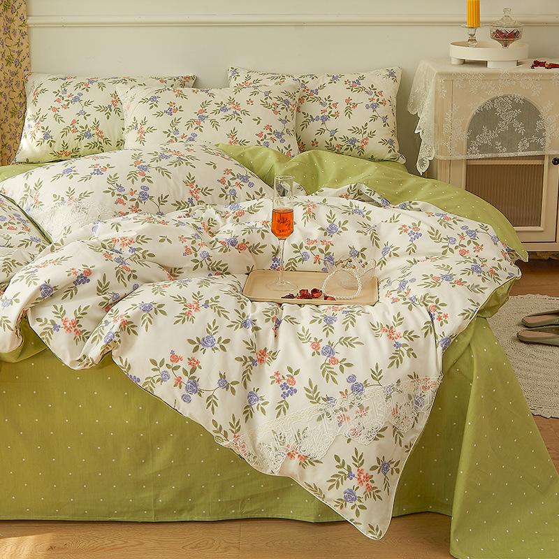 Vierteiliges Bettlaken aus reiner Baumwolle mit Blumenmuster, dreiteiliges Set mit kleinem, frischem Baumwollbett im Prinzessinnen-Stil